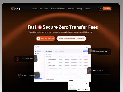 Modern Backup Service Website – Dark UI Exploration ai website design app design back up website dark mode website dark theme dashboard design design figma design figma designer graphic design redesigner secure website design storage website design trend 2025 trending design ui ux ux solve website redesign website ui