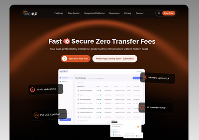 Modern Backup Service Website – Dark UI Exploration ai website design app design back up website dark mode website dark theme dashboard design design figma design figma designer graphic design redesigner secure website design storage website design trend 2025 trending design ui ux ux solve website redesign website ui