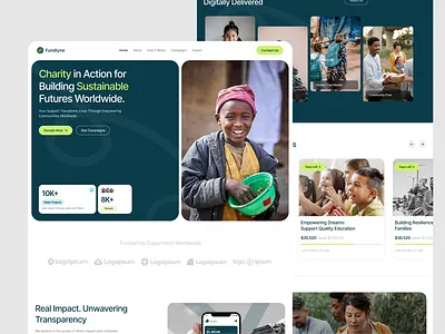 Fundlyne - Charity Landing Page agency branding charity community donate fundraising green hero hero section khoirul anam kids landing page minimaldesign product social support ui design village web web design