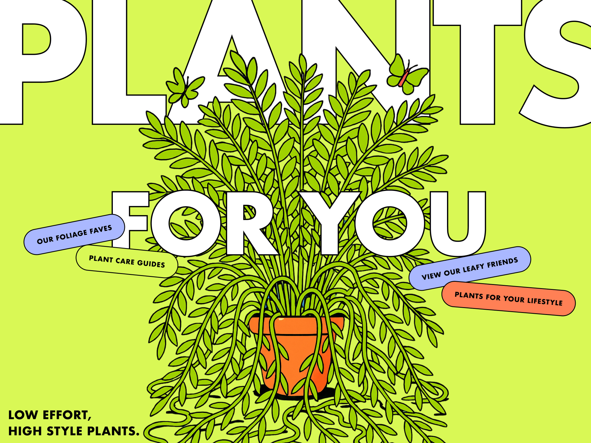 Plants For You - Experimental Landing Page branding bright colorful flat design flat illustration green illustration landing page design modern type plants playful design retro typography user focused visual design