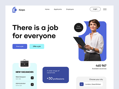 Home Page: Hiren - a platform for employers and employees career clean employee experts find finder hire hiring homepage hr job find job platform job search jobs minimal vacancy web webdesign website work