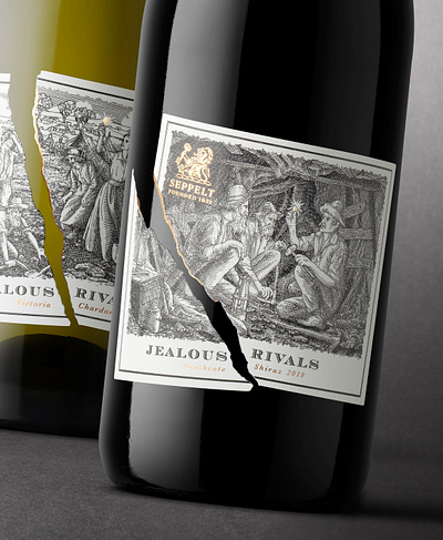 Jealous Rivals – Wine Packaging Illustration for Seppelt Wines 18th century 19th century advertising australia black and white chardonnay classical engraving etching gold gold rush history illustration line art packaging shiraz wine wine label