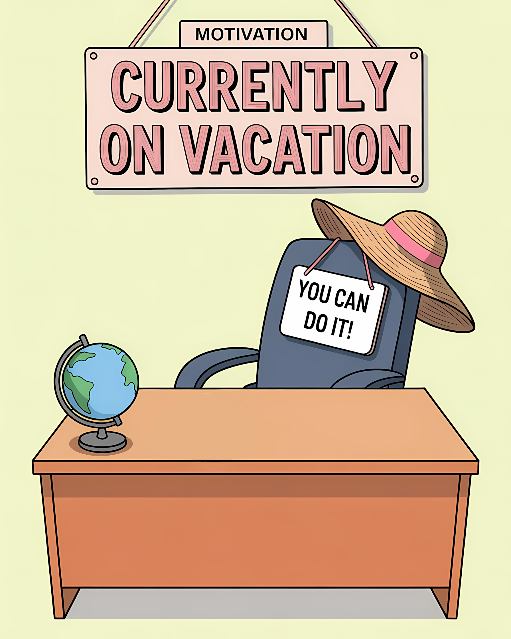 Playful Flat Office Illustration – Vacation Concept ai art clean cartoon graphic flat cartoon design flat illustration graphic design humor office illustration illustration midjourney art motivational vacation art pastel poster art vector flat style whimsical line art