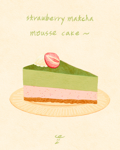 Strawberry Matcha Mousse Cake art artwork cake cream design dessert fruit handwriting illust illustration ipad matcha mousse photoshop plate powder strawberry tweetyheather
