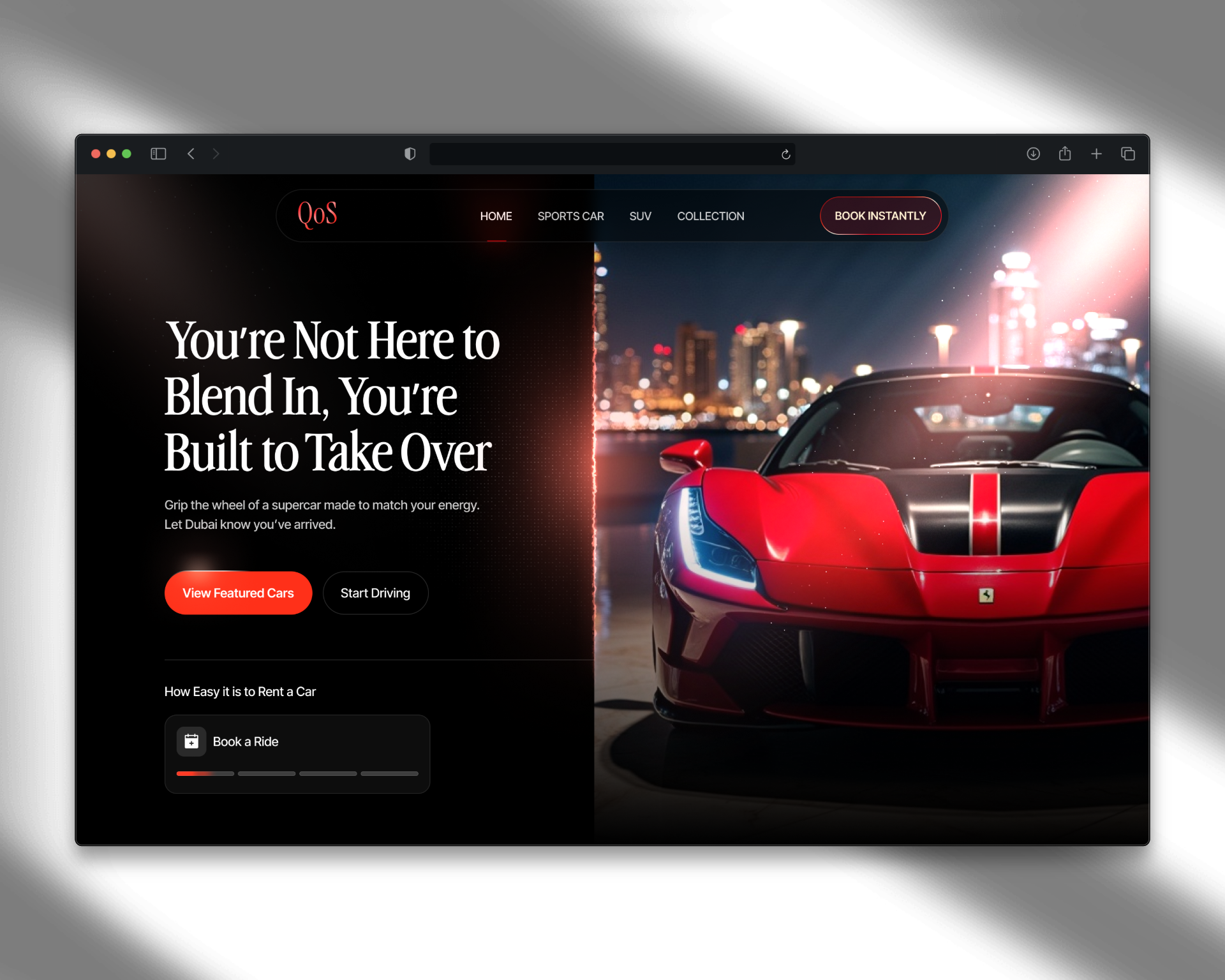 Supercar Rental Hero Concept Design bento branding car rental concept dark design dark mode dubai ferrari framer glow graphic design hero island navi modern ui red supercar ui ux web3 webflow