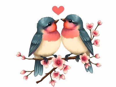 Digital Painting of Lovebirds with Blossoms 2d design ai art blossom branch drawing graphic design greeting card design lovebirds illustration midjourney art pastel bird art romantic digital painting soft painted animal art vector design watercolor style birds