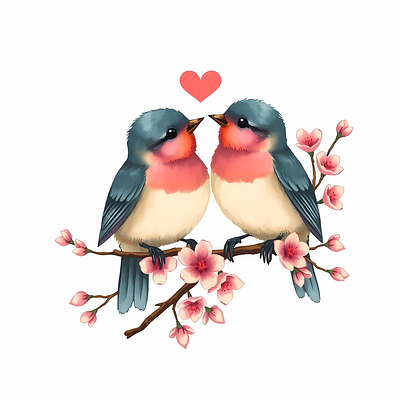 Digital Painting of Lovebirds with Blossoms 2d design ai art blossom branch drawing graphic design greeting card design lovebirds illustration midjourney art pastel bird art romantic digital painting soft painted animal art vector design watercolor style birds
