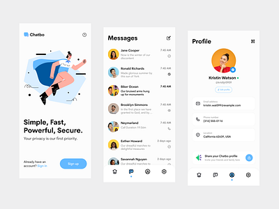 Chatbo app exploration b2b chat communication conversation home log in log out messaging app mobile privacy profile prototype register secure settings sign in sign up social app splash screen verification