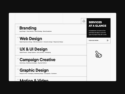 Services Interaction agency black and white grid hover interaction list monochrome portfolio services typography ui ux web design website