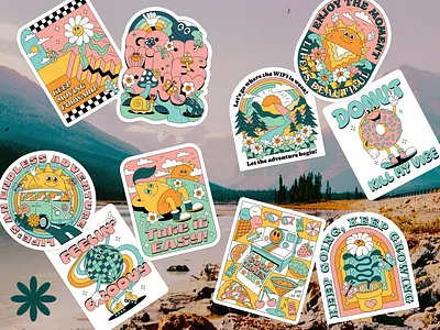 Retro-Inspired Branding and Apparel Design 70s illustration 80s design apparel design branding colorful illustration fun and bold funky graphic design groovy happy illustration illustration mascot branding mascot illustration mascot logo mascots merch design playful design sticker design t shirt design vector illustration