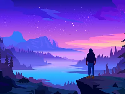 Adventure to the unknown - Traveler landscape illustration adventure american landscape art arts concept dawn flat illustration game illustration landscape mountains night sky northern lights poster stars travel travel design traveller twilights vector