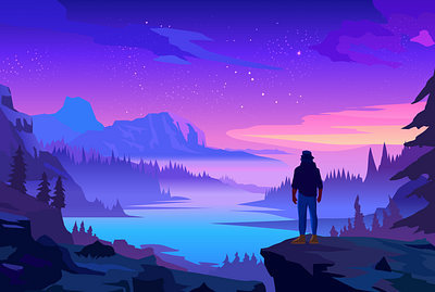Adventure to the unknown - Traveler landscape illustration adventure american landscape art arts concept dawn flat illustration game illustration landscape mountains night sky northern lights poster stars travel travel design traveller twilights vector