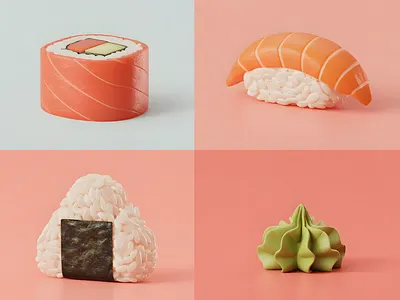 3D Minimalism — Sushi-Inspired Render Set 3d 3d food art 3d illustration aiartstyle branding conceptart foodicon graphic design midjourney art minimal3d pastelrender sushidesign visualbranding