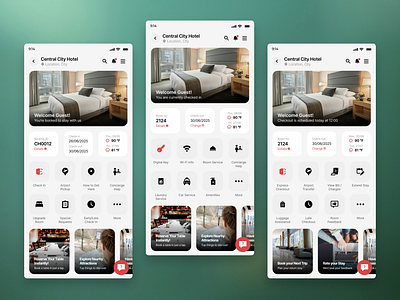 Hotel Guest App UI app design booking clean design design guest experience hospitality design hotel app mobile app mobile ui ui user centered design ux