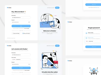 Chatbo - Sign in & Sign up flow exploration congratulations create account dashboard design email address forget password form log in log out messaging platfrom multi step onboarding password register sign in sign up social app design social platform split screen verify account web design