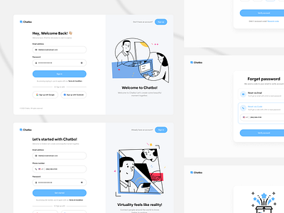 Chatbo - Sign in & Sign up flow exploration congratulations create account dashboard design email address forget password form log in log out messaging platfrom multi step onboarding password register sign in sign up social app design social platform split screen verify account web design