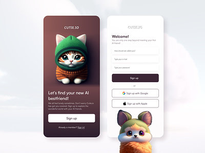 Cutie.io I AI Character Generator 3d ai animal app artificial intelligence branding clean cute design illustration logo minimal mobile mobile design sign in sign up ui user interface ux