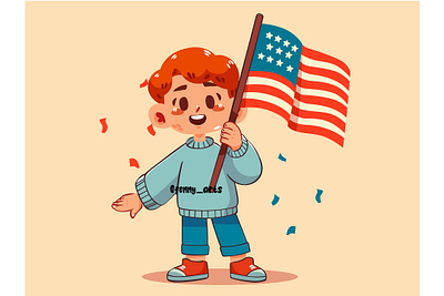 Cartoon Boy Holding a American Flag america american celebration congress event fireworks flag freedom greeting holiday independence independent liberty memorial nation national party patriotic state usa
