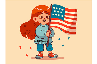 Cartoon Girl Holding a American Flag america american celebration congress event fireworks flag freedom greeting holiday independence independent liberty memorial nation national party patriotic state usa