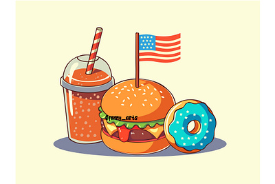 4th of July with Cartoon Hamburger america american celebration congress event fireworks flag freedom greeting holiday independence independent liberty memorial nation national party patriotic state usa