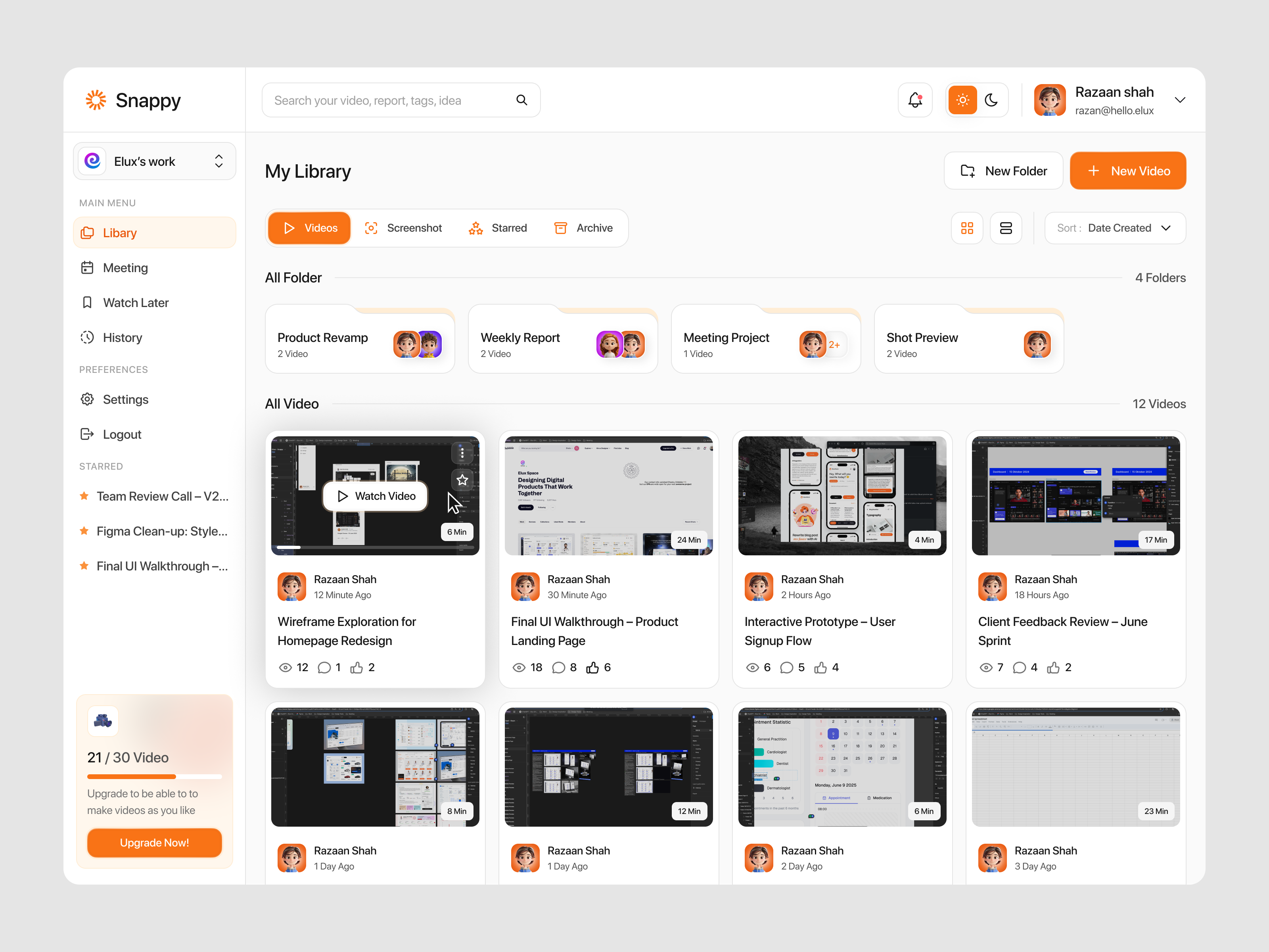 Snappy - Screen Recorder Platform async review clip editor collaboration tool content manager creator creator tools design walkthrough editor file sharing library product team recorder screen recorder sharing stream panel streaming timeline upload video library webcam
