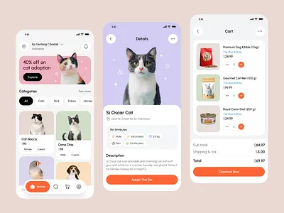 Pet Care Mobile App bird card care catlover checkout cleanui details screen ecommerceapp filter home screen minimal mobileapp pet petadoption petapp petcare price productdesign softcolor uiuxdesign