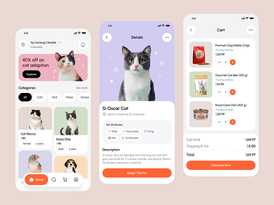Pet Care Mobile App bird card care catlover checkout cleanui details screen ecommerceapp filter home screen minimal mobileapp pet petadoption petapp petcare price productdesign softcolor uiuxdesign