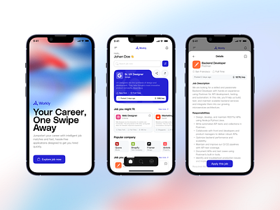 Workly – Job Search App UI Exploration appdesign cleandesign cleanui design figmadesign illustration jobportal jobsearchapp minimaldesign mobileappdesign mobileexperience mobileui modernui productdesign ui uiuxdesign userexperience
