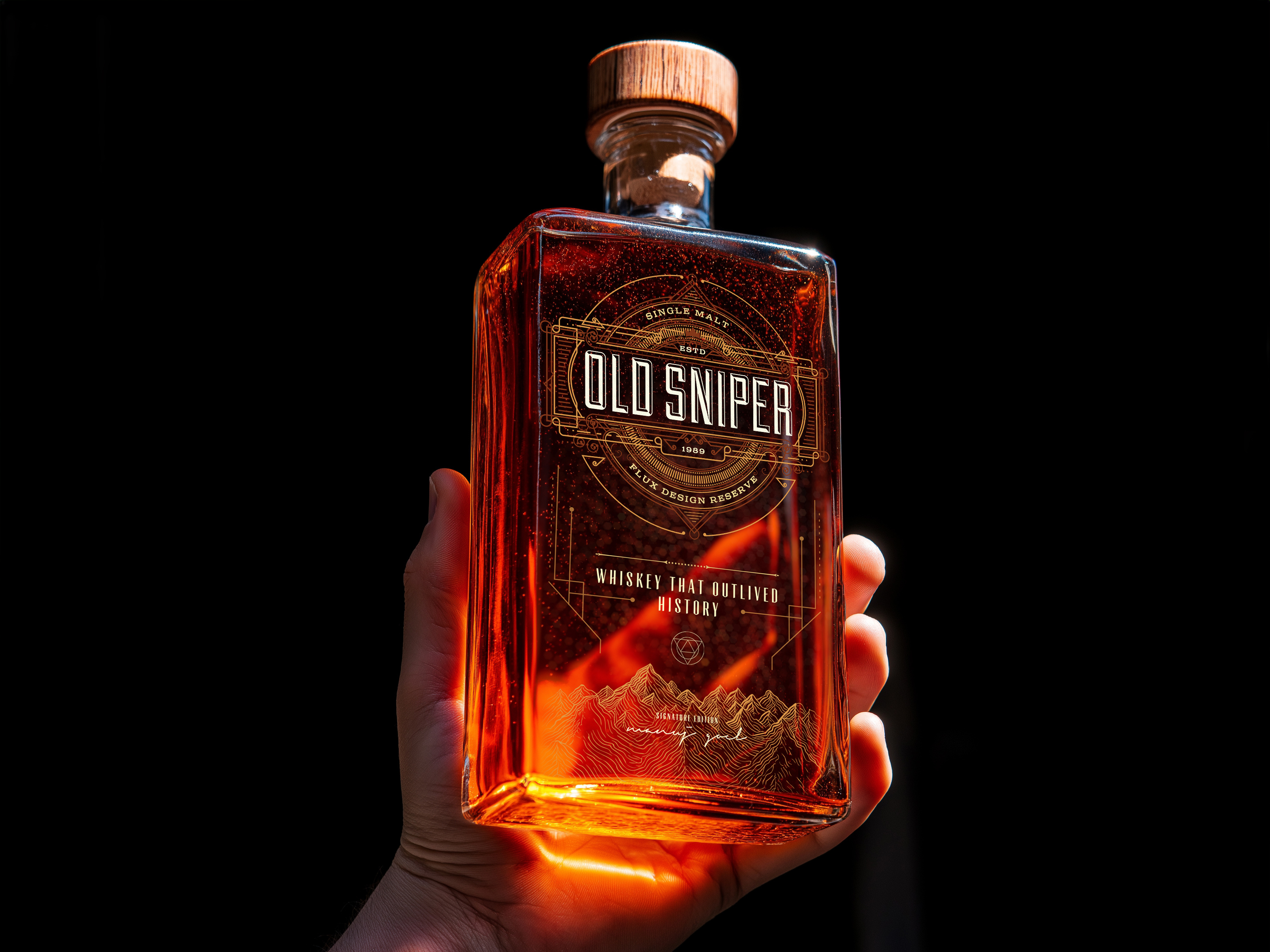 Old Sniper - Concept Design award winning design beverage branding classic luxury dark aesthetic deistillery elite gold foil design heritage label design liquor label luxury packaging old sniper packaging packaging design premium packaging premium whiskey vintage vintage packaging warfare