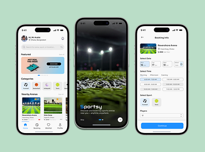 Sportsy – Arena Booking App UI appdesign arenabooking cleanui minimaldesign mobileappdesign productdesign sportsapp uiuxdesign uxcasestudy