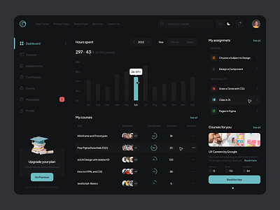 E-Learning Dashboard-Dark Theme class clean course courses dark dashboard design education educational elearning learn learning minimal platform student ui user interface ux web website