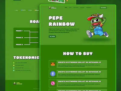 Trending Meme Coin Website blockchain design crypto ui crypto website funny crypto landing page meme coin meme token meme website pepe coin pepe rainbow web3 design