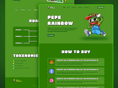 Trending Meme Coin Website blockchain design crypto ui crypto website funny crypto landing page meme coin meme token meme website pepe coin pepe rainbow web3 design