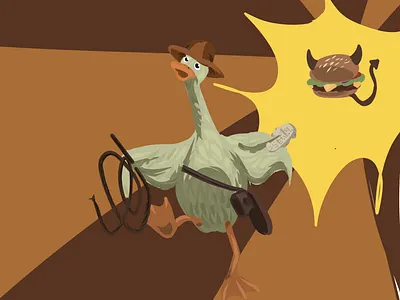 Indiana Duck Runs from Evil Cheeseburg adobe cartoon cute digitalart drawing duck ducks funny illustration parody