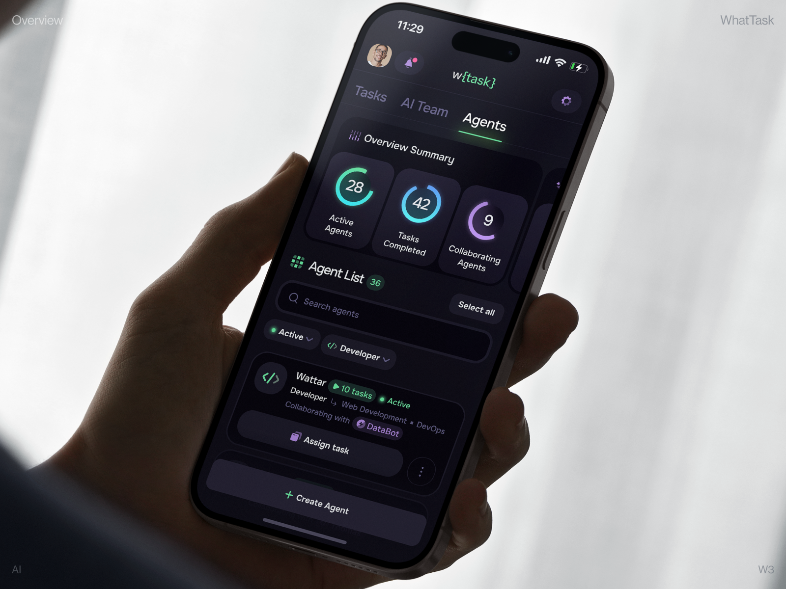 WhatTask: AI Agents Management ai app design ai assistant ai dashboard ai fintech ai platform ai startup ai technology artificial intelligence automation crypto app dashboard ui etherium finance mobile app platform product design saas dashboard tasks token web3 design
