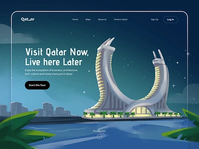 Qatar ✨🌙 Landing Page illustration animation arab arabian night branding city desert game illustration landing page landmark landscape metropolitan middle east motion motion graphics qatar sky skycrapper tower ui