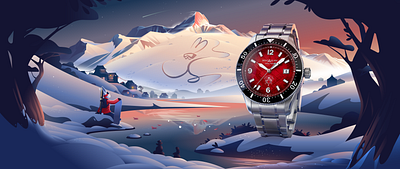 Montblanc - Happy new year chinese illustration lake landscape montblanc mountain rabbit scenery snow vector village watch