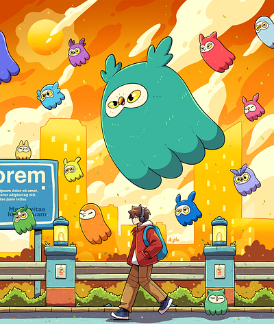way home in the evening artwork branding cartoon character cute funny illustration octopus owl