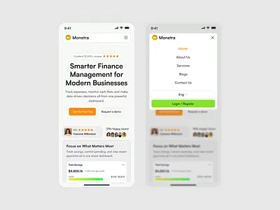 Monetra – Mobile SaaS Landing Page for Smart Finance Management b2b b2c clean ui finance management landing page finance ui fintech design hero design hero section ui landing page design mobile app design mobile design navbar design product design responsive ui saas saas ui ui ux web app web design