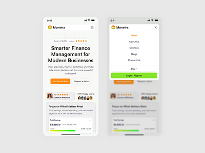 Monetra – Mobile SaaS Landing Page for Smart Finance Management b2b b2c clean ui finance management landing page finance ui fintech design hero design hero section ui landing page design mobile app design mobile design navbar design product design responsive ui saas saas ui ui ux web app web design