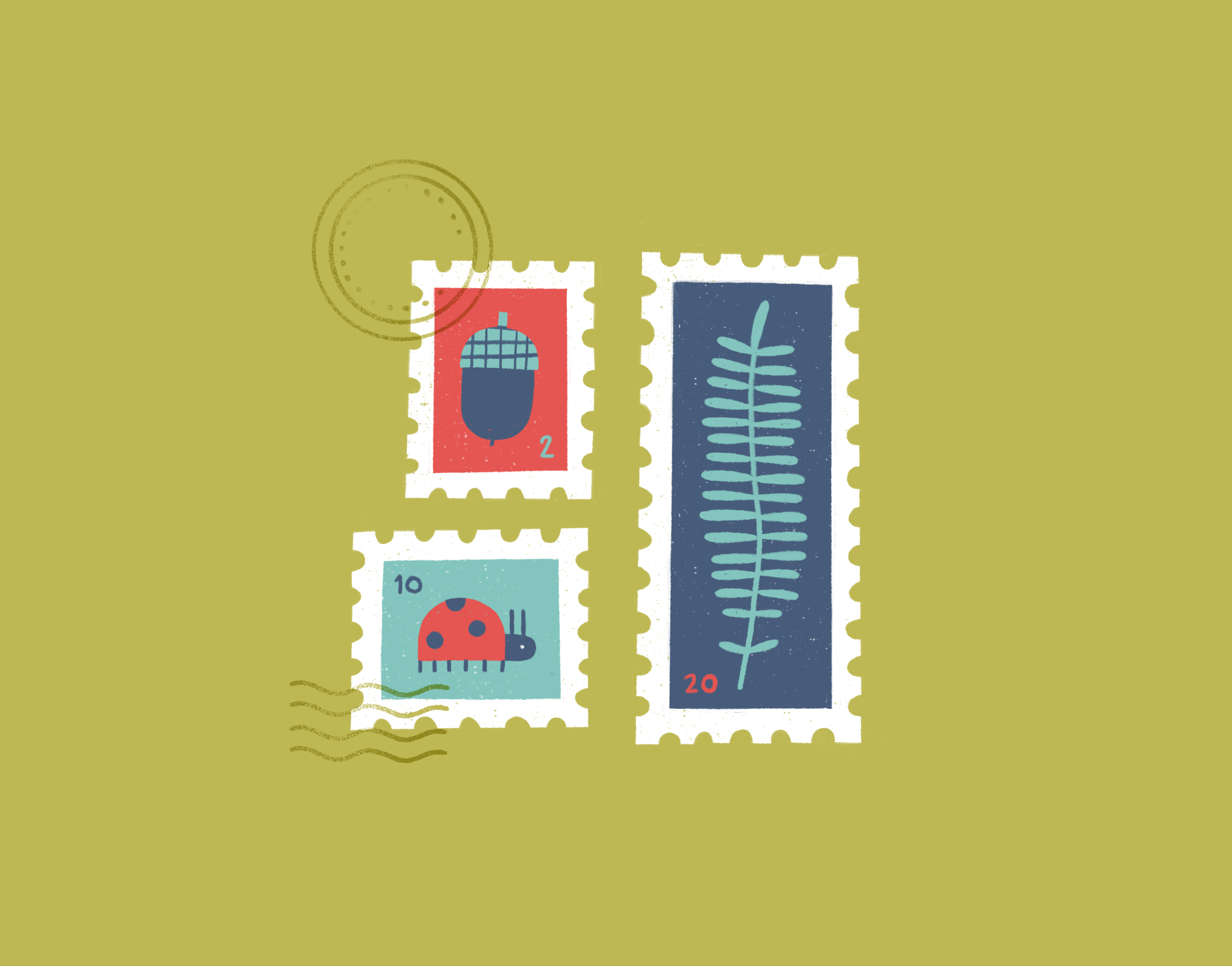 Letter from the Forest acorn collection ferm illustration ladybug letter philately post procreate stamp texture