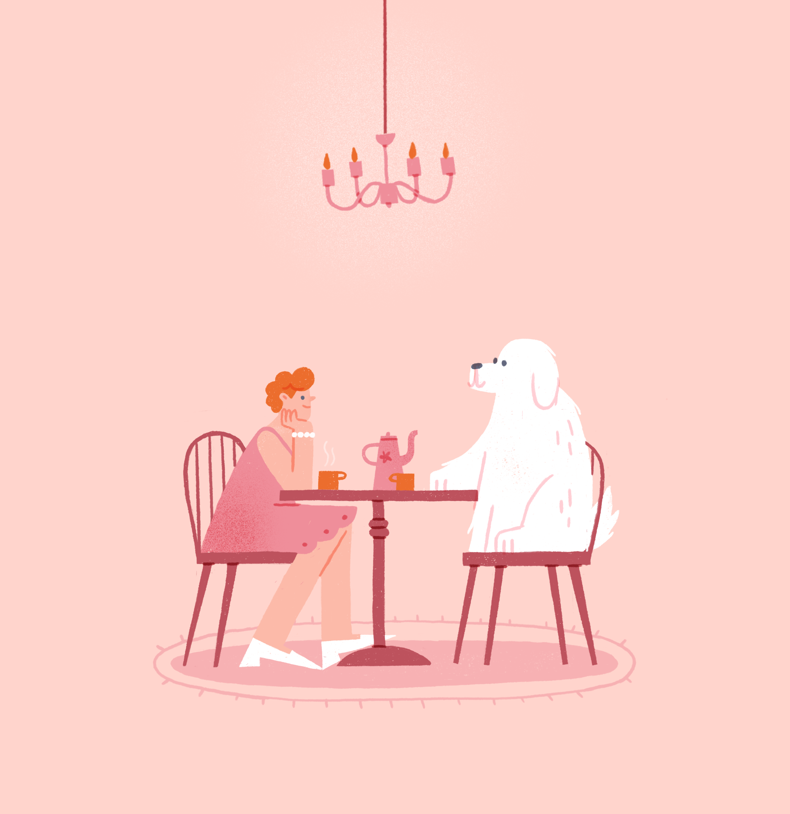 A Perfect Date cafe chandelier character cup date dog dress ginger girl illustration love procreate teapot teatime texture