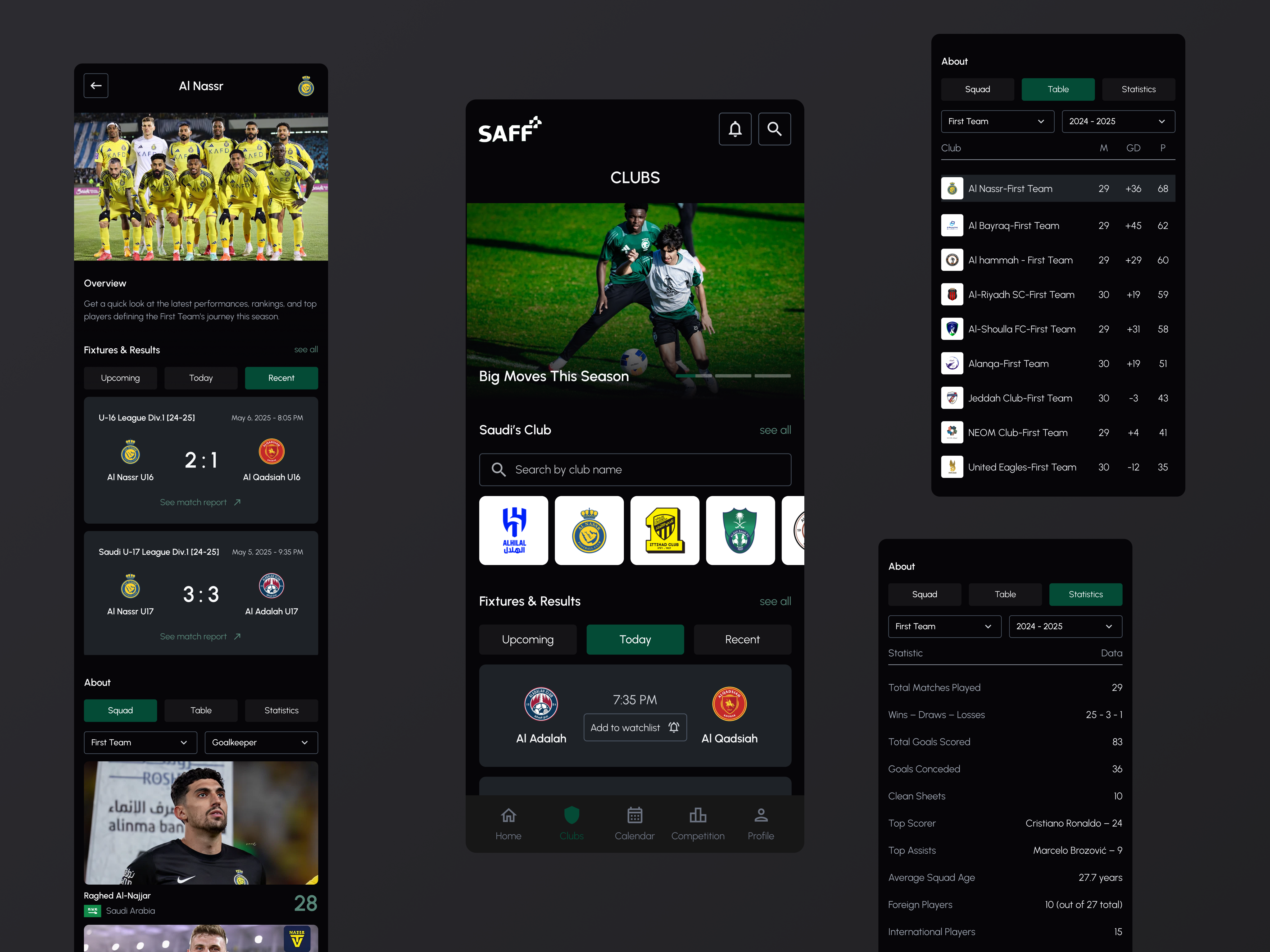 SAFF Plus Mobile – UI Designed for Football Fans about page android application clubs design figma football match homepage ios ios app mobile design mobileapp product design sports application ui uidesign uiux ux uxdesign uxui