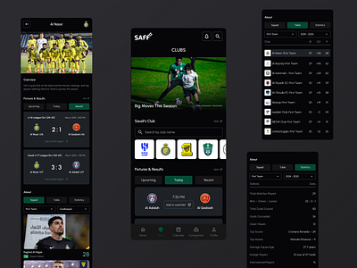 SAFF Plus Mobile – UI Designed for Football Fans about page android application clubs design figma football match homepage ios ios app mobile design mobileapp product design sports application ui uidesign uiux ux uxdesign uxui