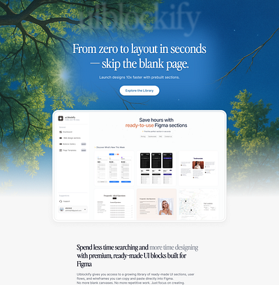 uiblockify.co Landing Page Design app components copy to figma dark figma figma design framer graphic design hero section illustration landing landing page light light version saas section startup ui uiblockify ux