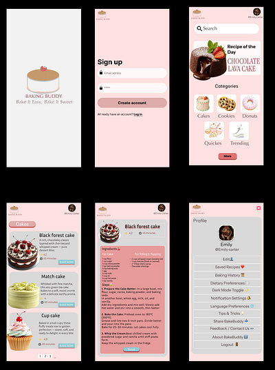 BakeBuddy – Dessert Recipe App UI 🍰 app appdesign easy font graphic design illustration mobile moderndesign pink simpledesign ui uidesign