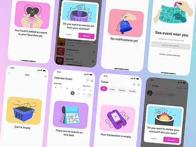 Illustration - Events App account app calendar cart design empty state events flat illustration like mobile mobile app design notification pop up ticket trash ui ux ux illustration vector