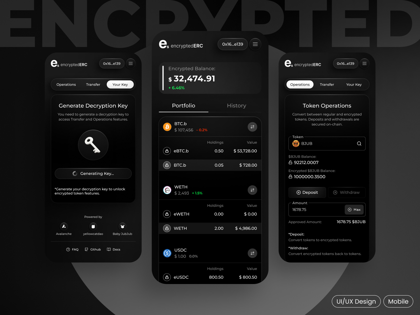 EncryptedERC – Token Encryption Interface balance bank blackwhite blockchain coin converter crypto defi deposit finance fintech market minimal mobile app privacy token ui ux wallet web3