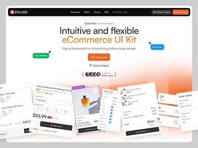 ecluso UI Hero LP animation card clean design design sysem e commerce ecommerce framework illustration landingpage lp minimal motion orange shop simple template ui ui kit ux