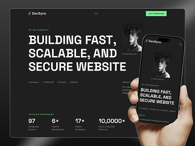 DevSync — Developer Portfolio Template agency branding creative design developers framer cms freelancers landing page mobile responsive modern personal brand portfolio portfolio template tech professionals ui ux